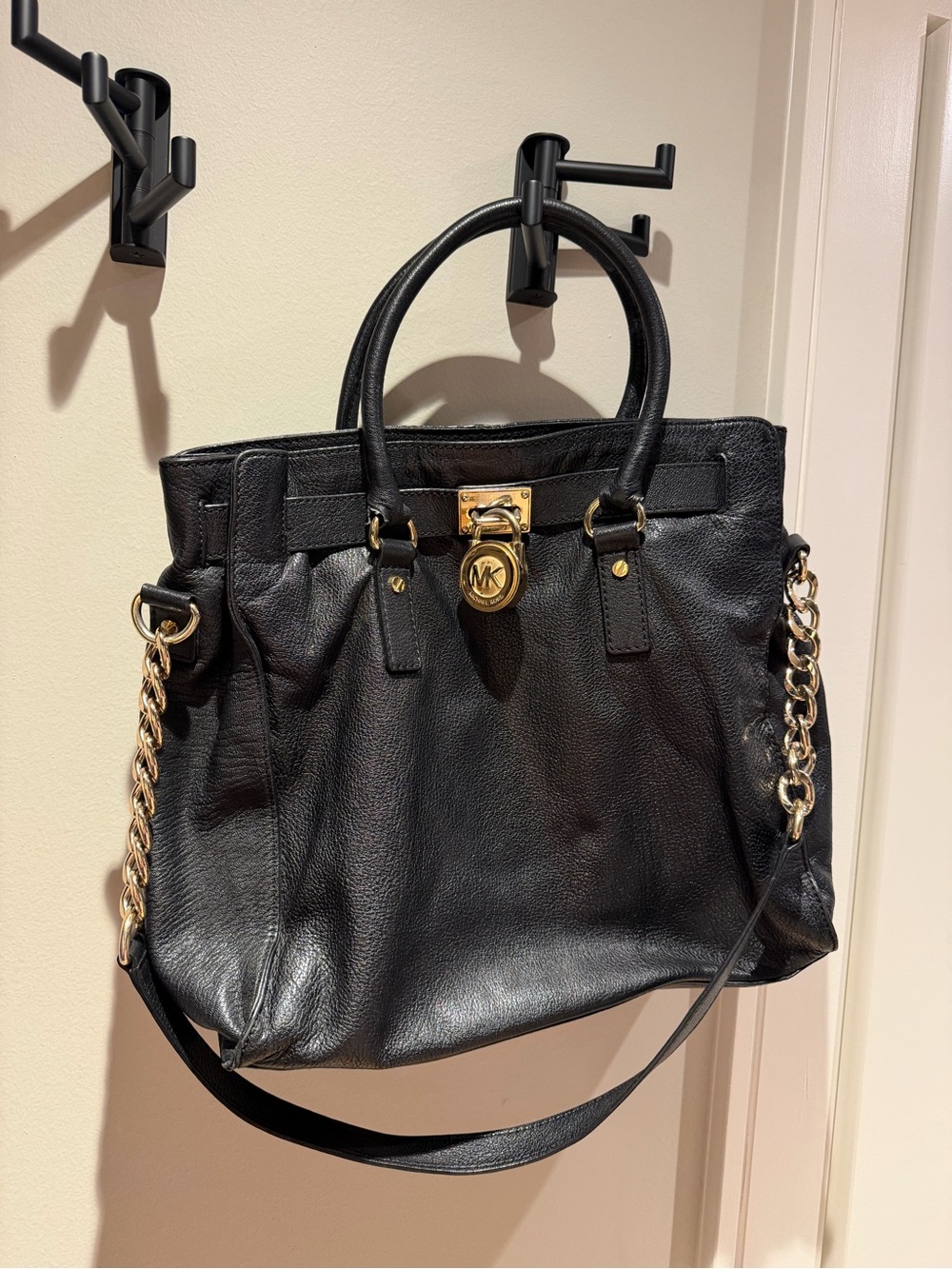 Michael Kors Black Leather Tote with Gold Chain Strap